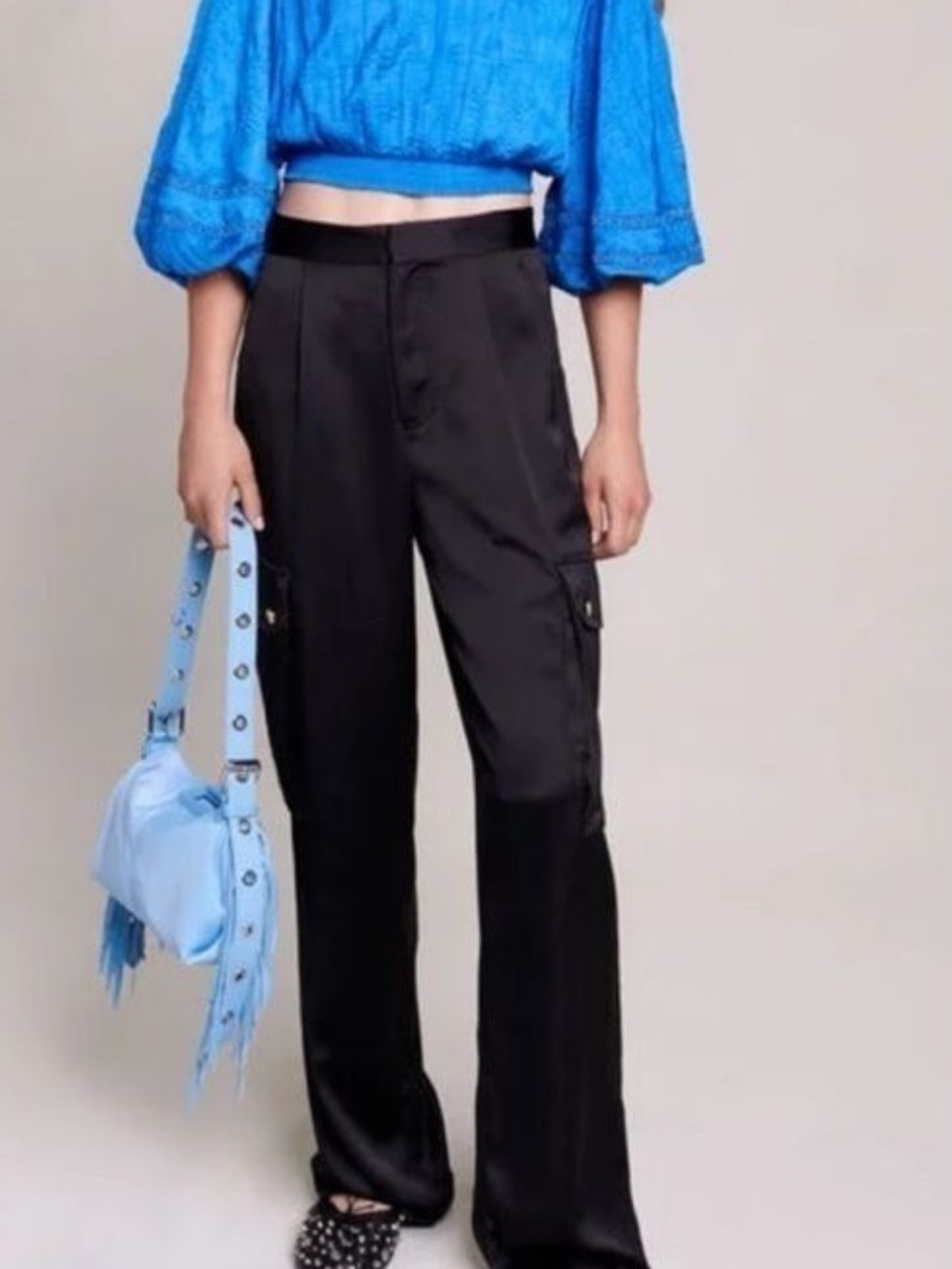 NWT Maje Black silk cargo Trousers gold hardware